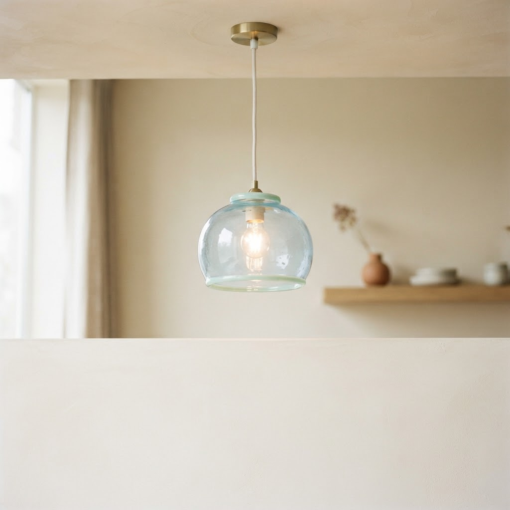 Close-up of a single pale blue blown-glass pendant lamp glowing against a cream interior