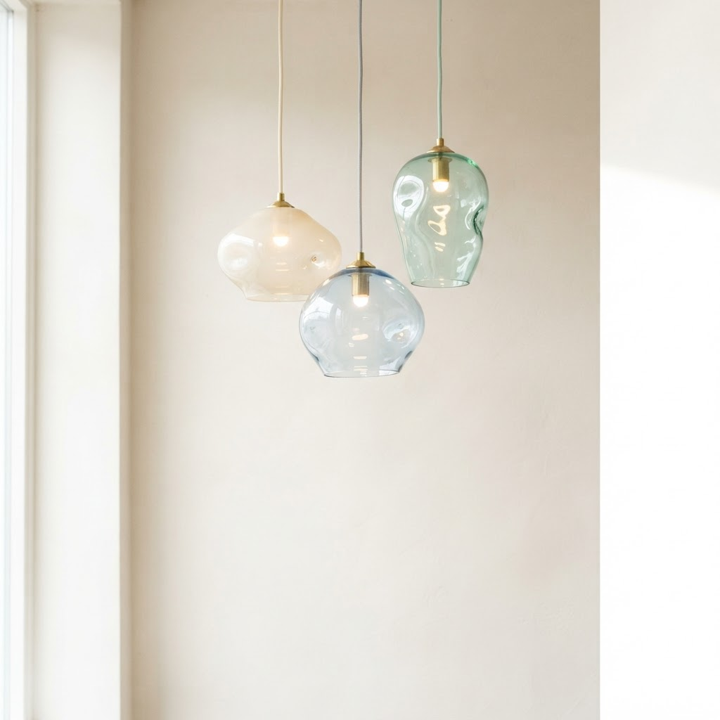 A cluster of colorful pastel pendant lamps grouped at varying heights against a warm off-white wall