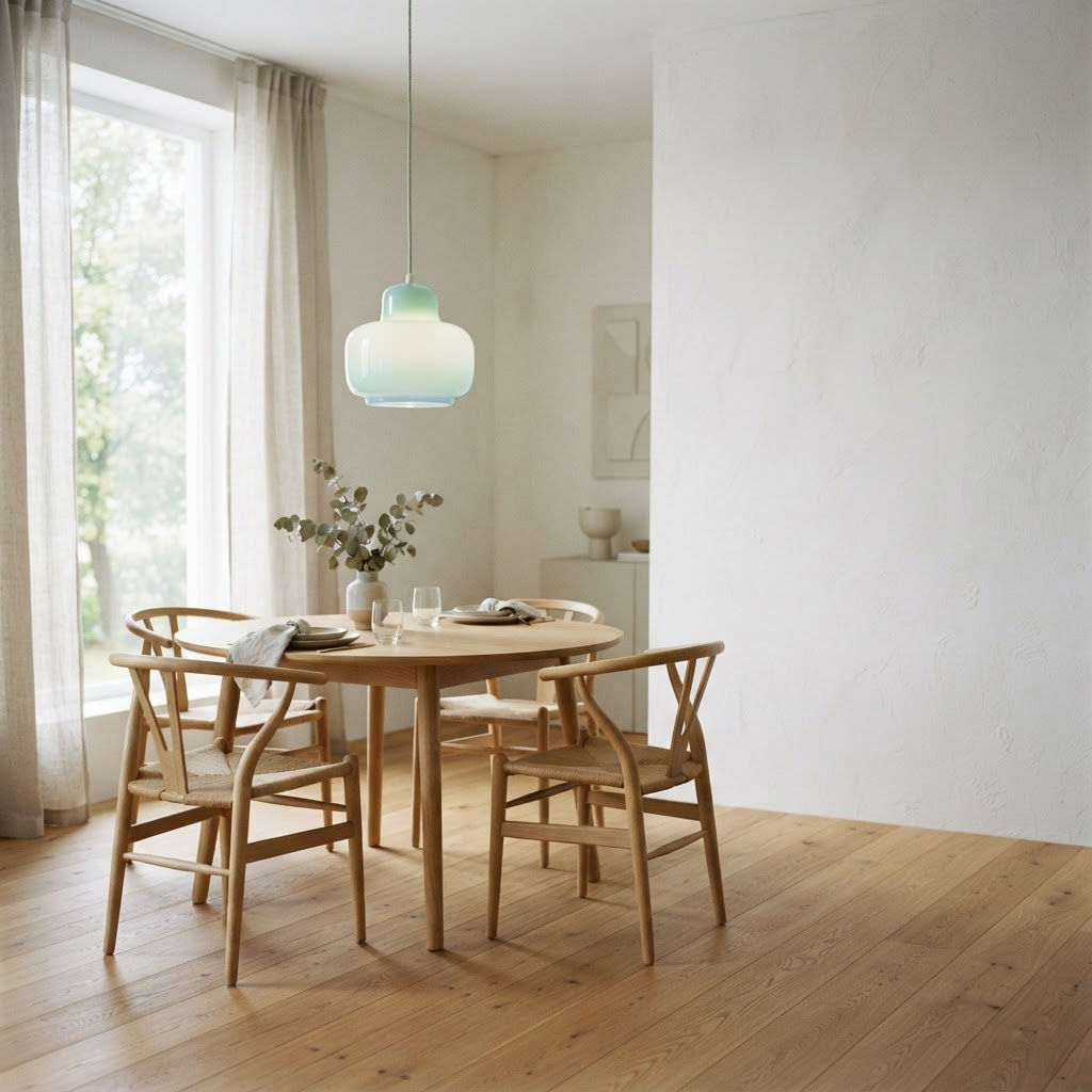 A colorful pastel pendant lamp hanging above a minimalist Scandinavian dining table in a bright, airy room