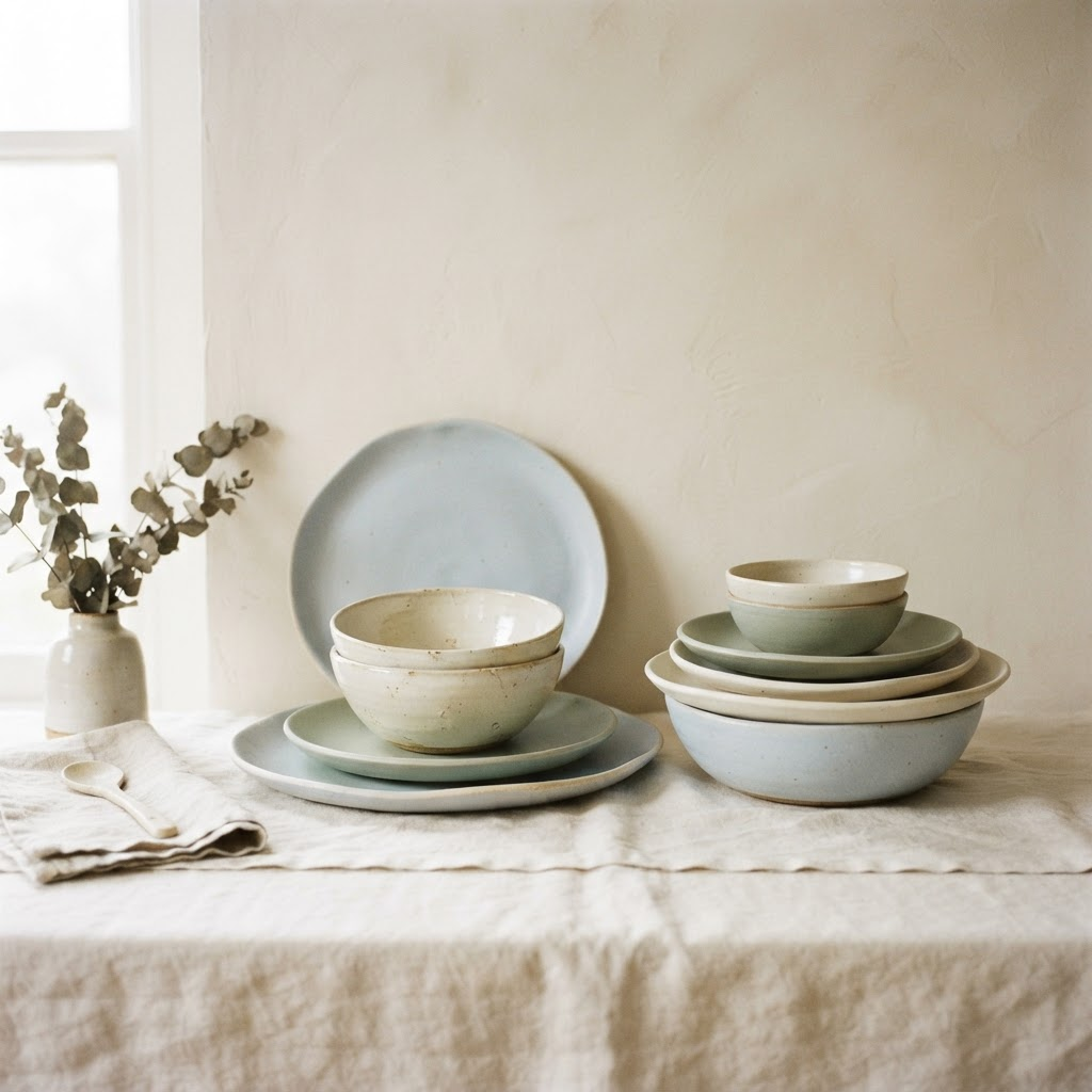 A still life of stacked handmade ceramic plates and bowls in soft pastel tones on cream linen against a warm off-white wall