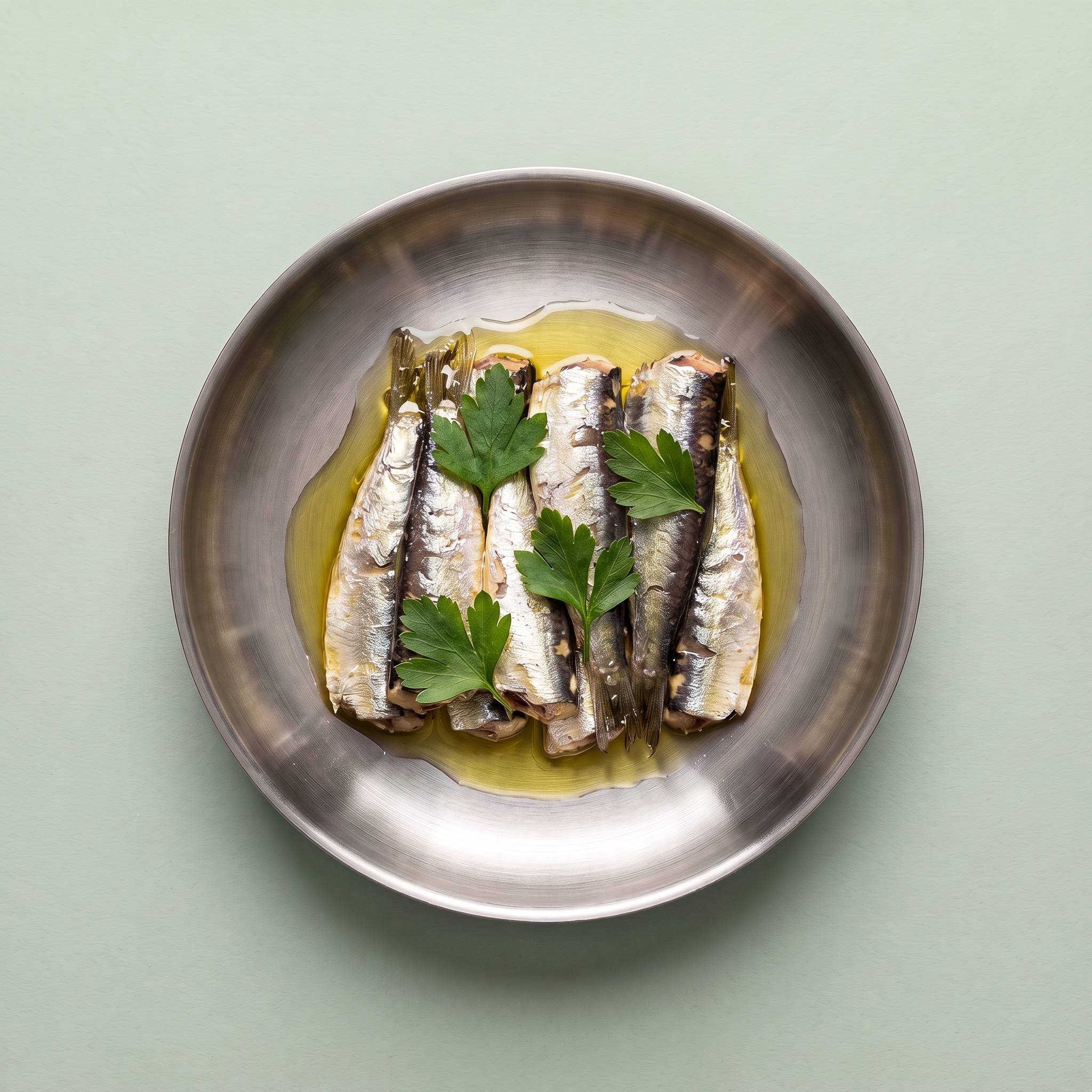 Sardines in olive oil garnished with parsley, served in a brushed steel bowl on a sage-green background