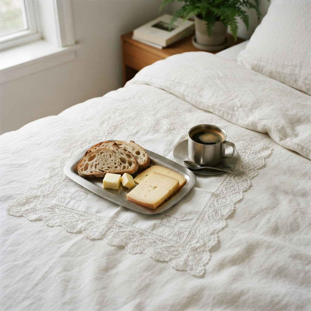 Overhead breakfast of bread and coffee served on brushed steel tableware over white linen