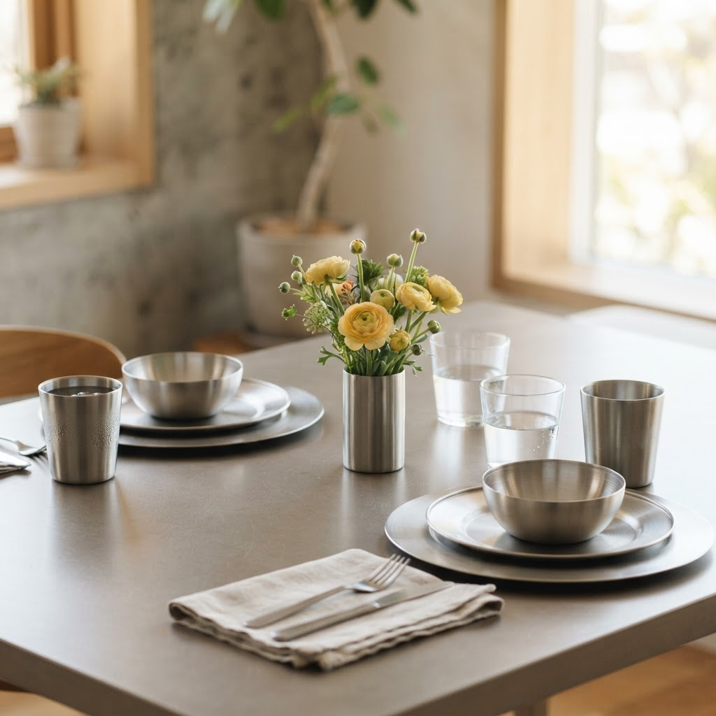 Full table setting of brushed steel plates, bowls and cups with flowers and water glasses