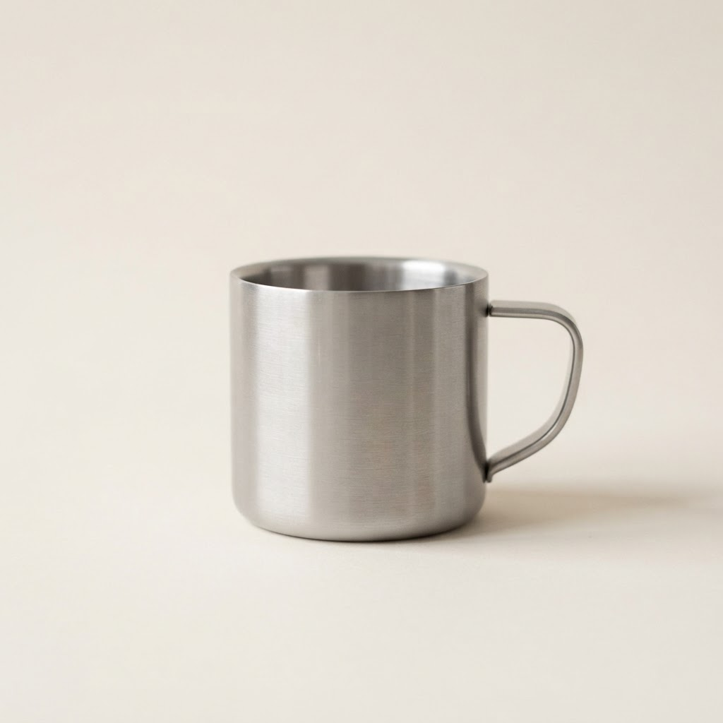 Small brushed stainless steel espresso cup on a warm off-white background