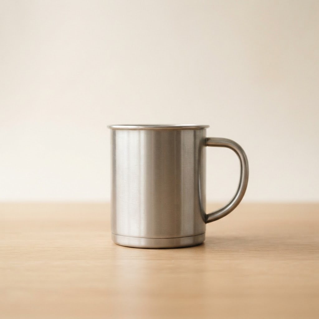 Brushed stainless steel mug with a handle on a warm off-white background
