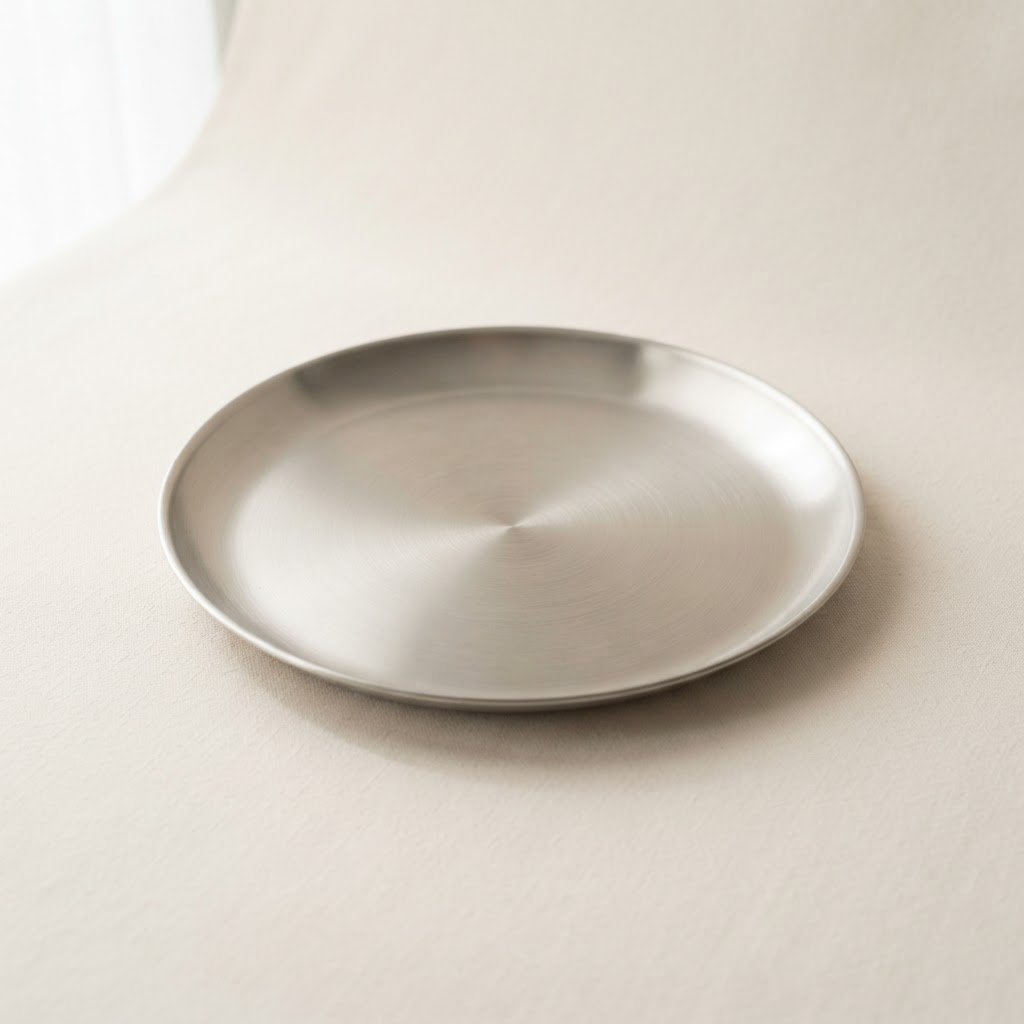 Brushed stainless steel coupe plate on a warm off-white background